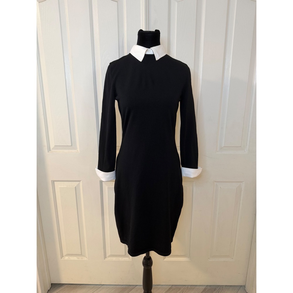 Lauren Ralph Lauren Black White Collared Knit Sheath Dress Small Cuffs Preppy